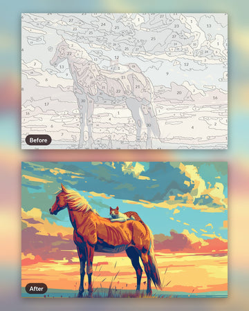 Cat and Horse Friendship paint by numbers kit, before and after