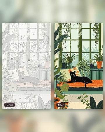 Cat In Living Room paint by numbers kit, before and after