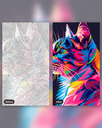 Cat’s Gaze paint by numbers kit, before and after