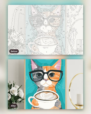 Cat With Glasses And Coffee paint by numbers kit, before and after