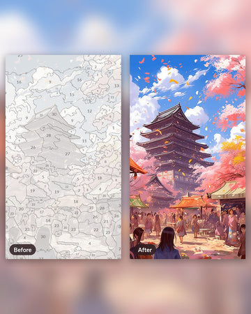 Cherry Blossom Festival paint by numbers kit, before and after