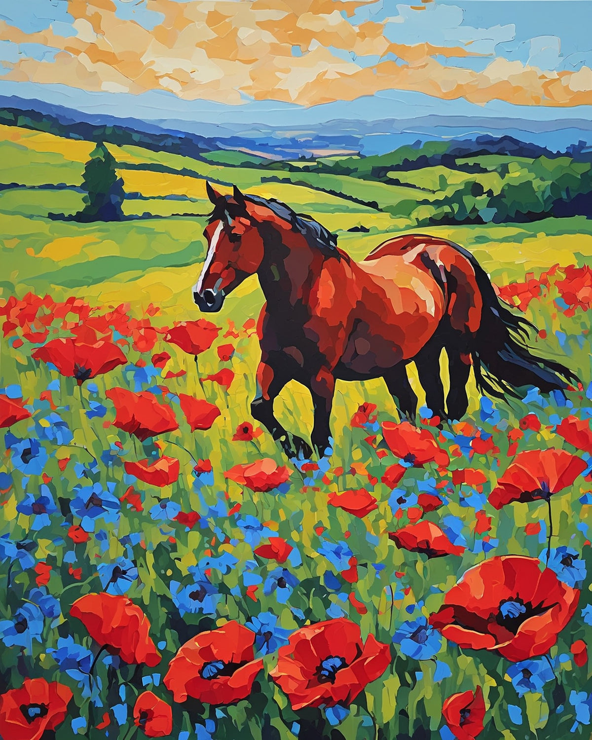 chestnut horse walking through a field of red poppies and blue cornflowers, paint by numbers kit