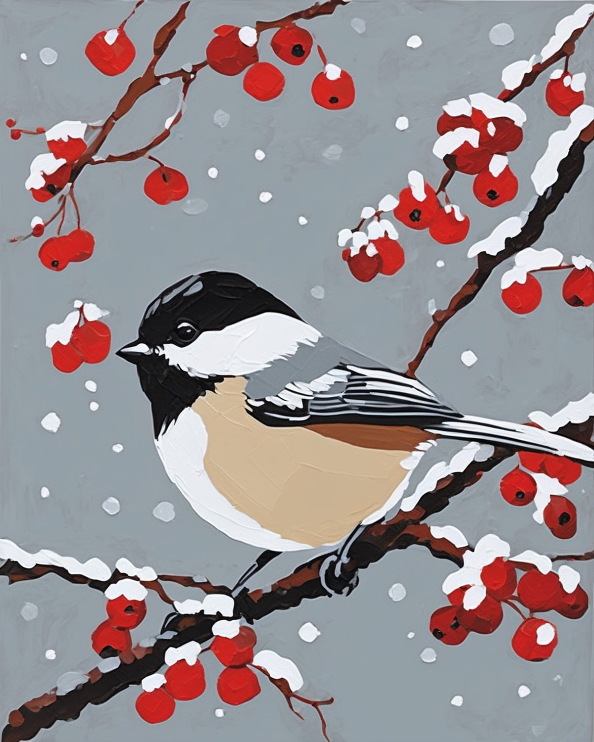 chickadee with a black cap on a branch with red berries and snow against a grey sky, paint by numbers kit