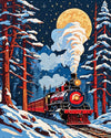 Christmas Eve Train through the Pines paint by numbers kit, steam train with red carriages in a snowy forest at night