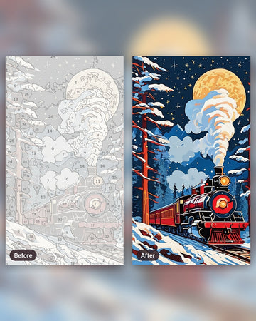 Christmas Eve Train through the Pines paint by numbers kit, before and after