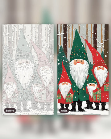 Christmas Gnomes in the Snow paint by numbers kit, before and after