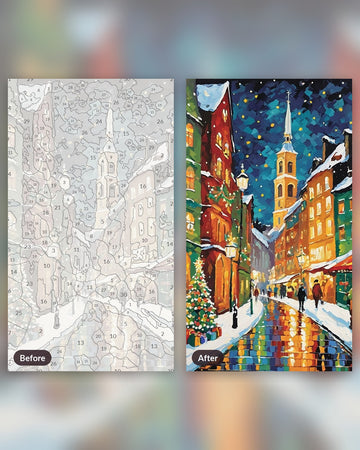 Christmas Market Street paint by numbers kit, before and after
