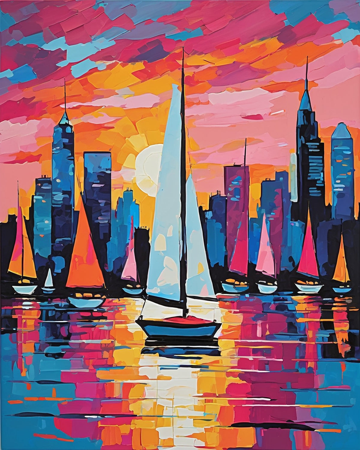 city skyline at dusk with sailboats on water and a pink and orange sky, paint by numbers kit
