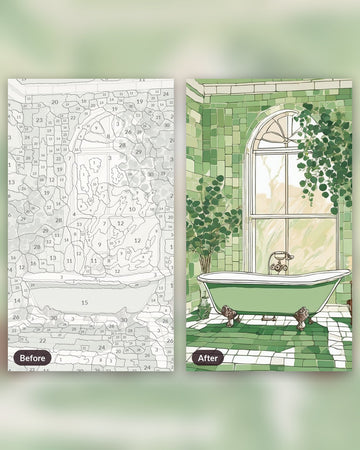 Clawfoot Tub and Eucalyptus paint by numbers kit, before and after