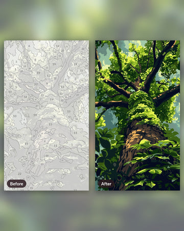 Climbing Forever Tree paint by numbers kit, before and after
