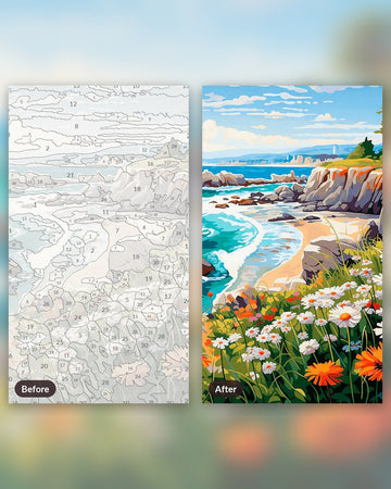 Coastal Bloom Vista paint by numbers kit, before and after
