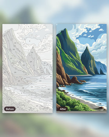 Coastal Mountains paint by numbers kit, before and after