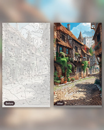 Cobblestone Alley paint by numbers kit, before and after