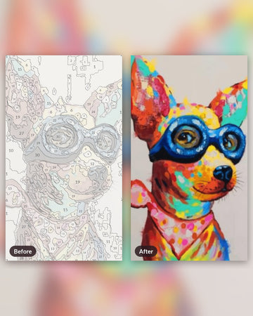 Colorful Dog With Glasses paint by numbers kit, before and after