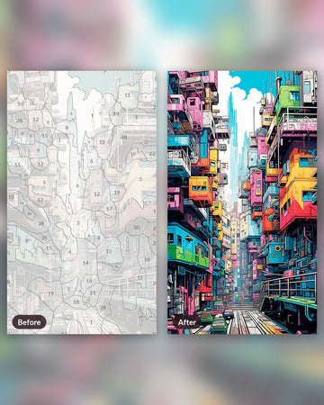 Vivid Dystopia paint by numbers kit, before and after