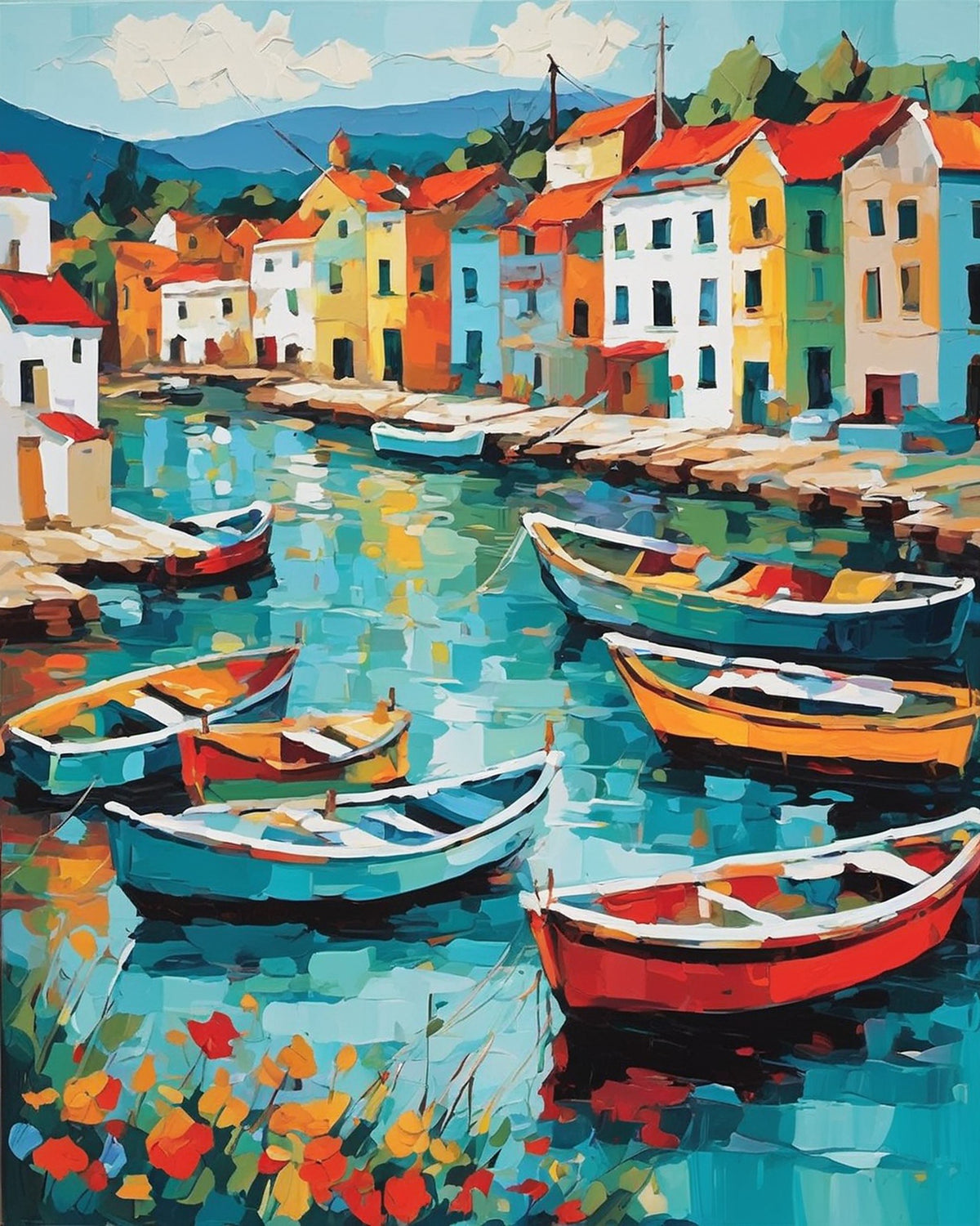 colorful wooden boats in a harbor with row houses and orange flowers, paint by numbers kit