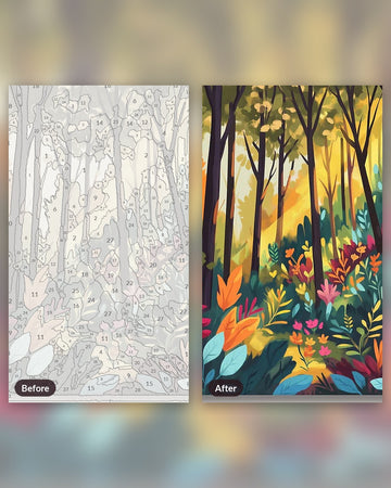 Spectrum of Trees paint by numbers kit, before and after