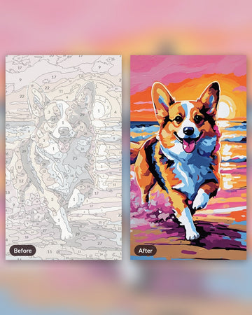 Corgi at the Shore paint by numbers kit, before and after