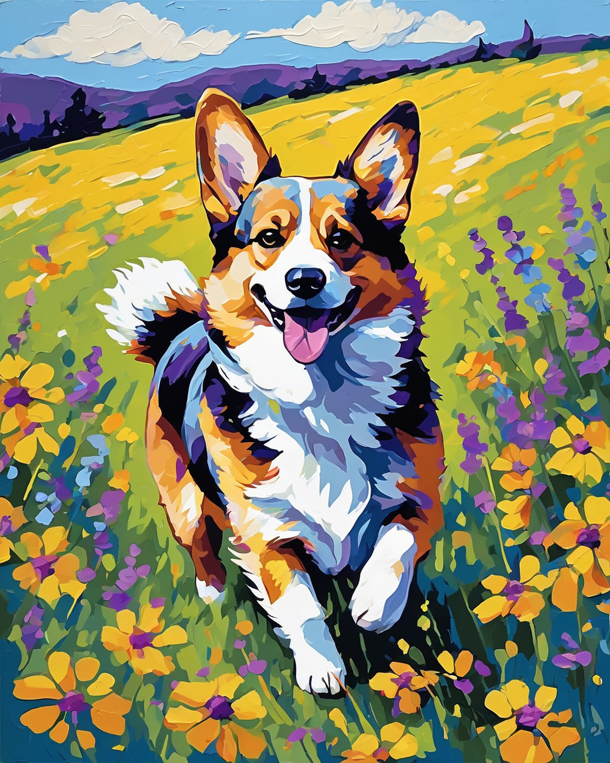 happy corgi running through a meadow of yellow and purple wildflowers, paint by numbers kit