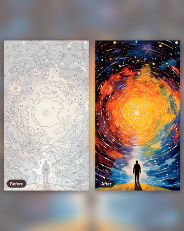 Galactic Reverie paint by numbers kit, before and after