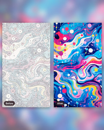 Stellar Waltz paint by numbers kit, before and after