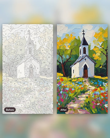 Country Church in Spring paint by numbers kit, before and after