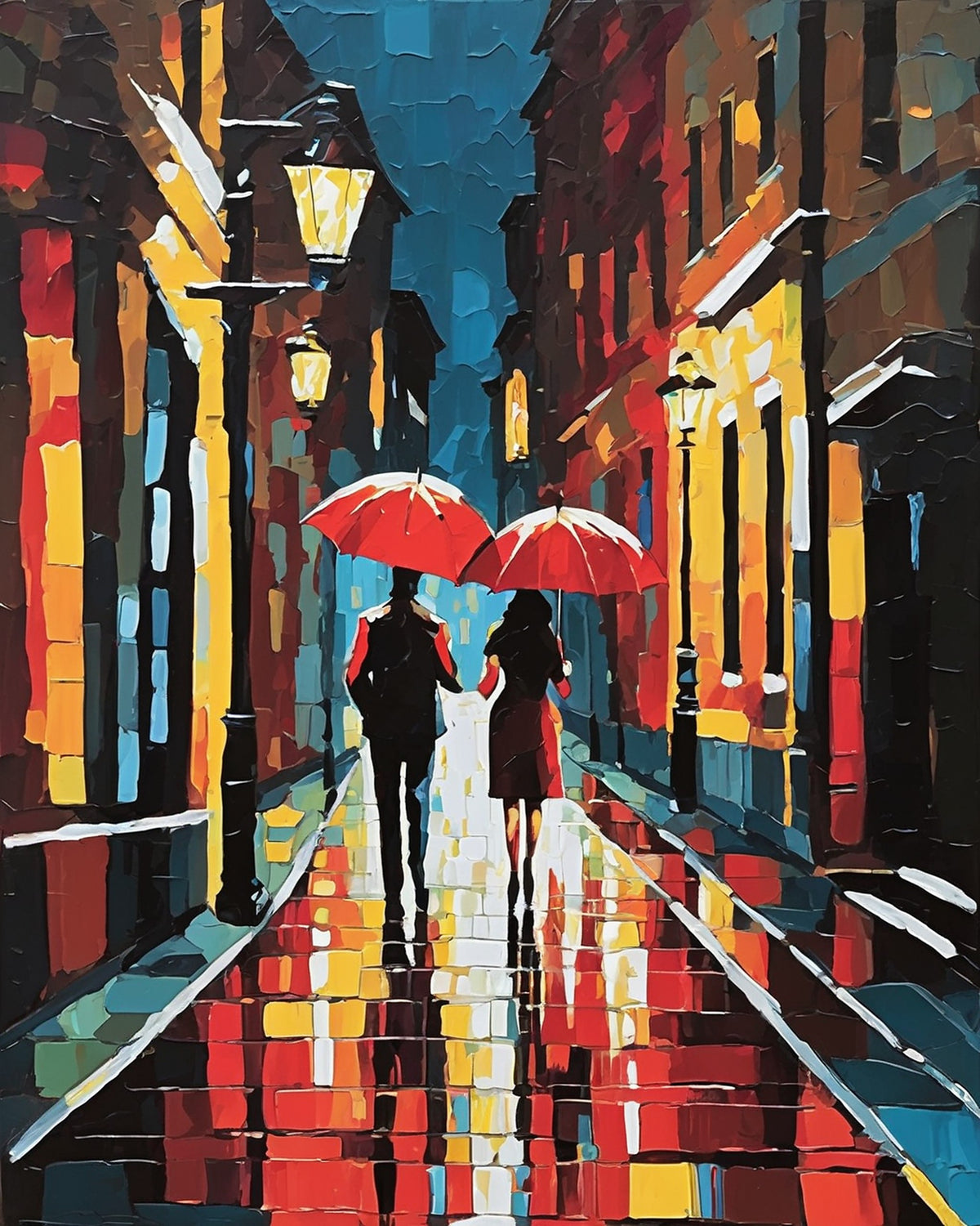 two people with red umbrellas walking down a rainy city street lit by lamps, paint by numbers kit