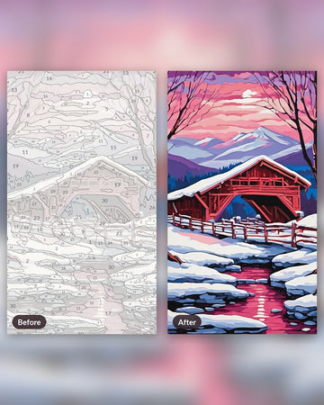Covered Bridge at Winter Dusk Painting by Numbers Kit paint by numbers kit, before and after