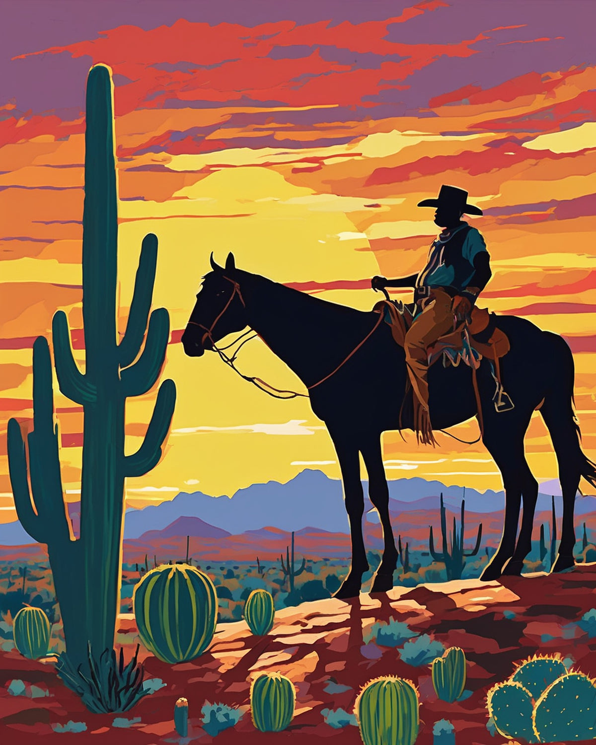 cowboy on horseback silhouetted against a desert sunset with saguaro and round cacti, paint by numbers kit