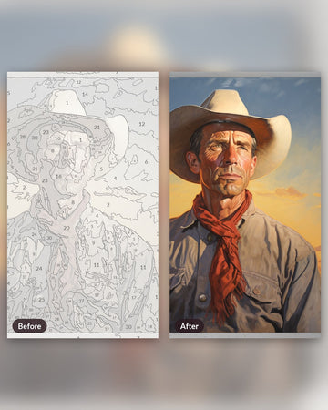 Authentic Cowboy paint by numbers kit, before and after