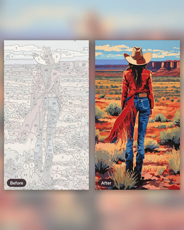 Cowgirl at the Mesa Painting by Numbers Kit paint by numbers kit, before and after