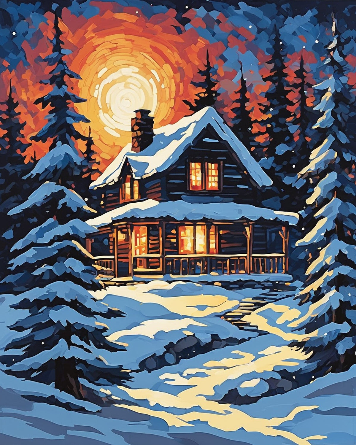 log cabin with glowing windows in a snowy pine forest under an orange sky, paint by numbers kit