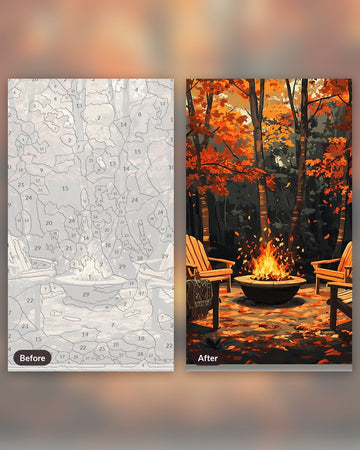 Fireside Serenity paint by numbers kit, before and after
