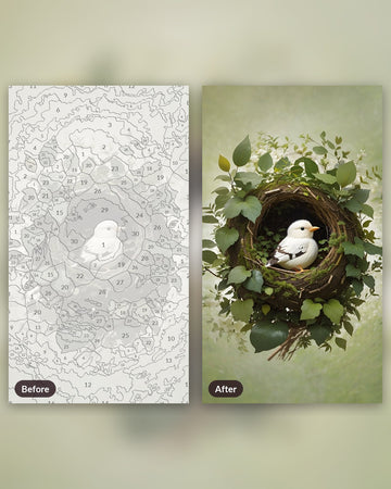 Cradle of Green paint by numbers kit, before and after