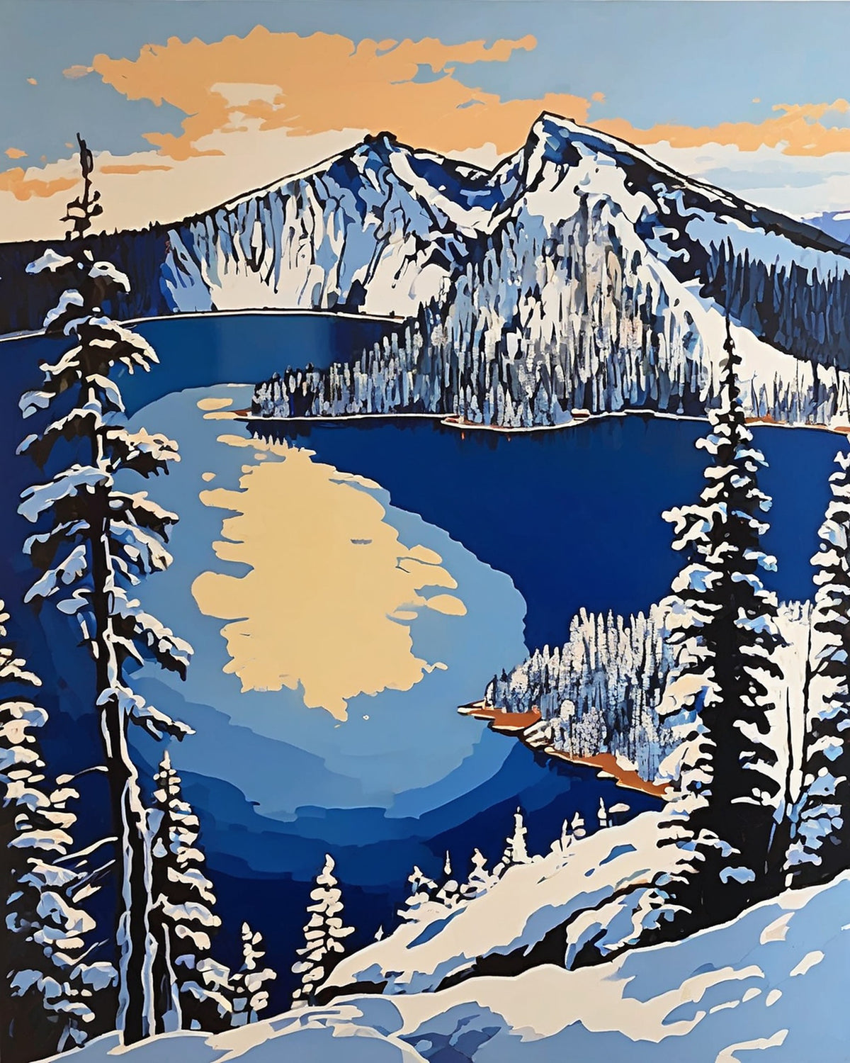deep blue crater lake with a small wooded island and snowy mountains framed by snowy pines, paint by numbers kit