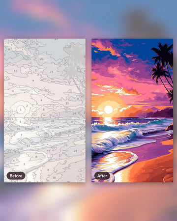 Dusky Ocean Rhythms paint by numbers kit, before and after