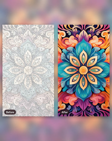 Teal Blossom paint by numbers kit, before and after