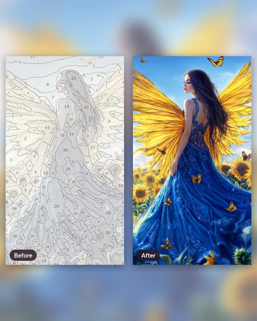 Dance of a Sunflower paint by numbers kit, before and after