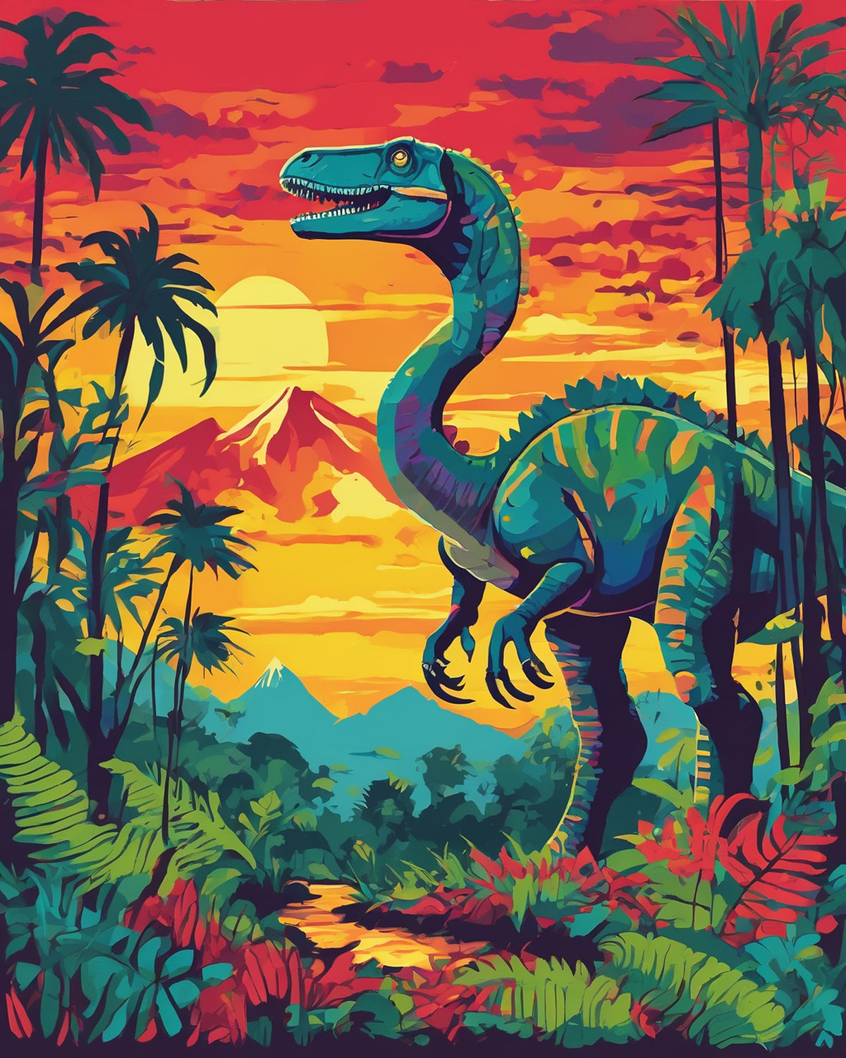 green dinosaur among palm trees and ferns with a volcano and orange sunset, paint by numbers kit