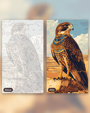 Divine Falcon Horus paint by numbers kit, before and after