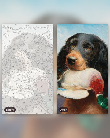 Dog and Prey paint by numbers kit, before and after