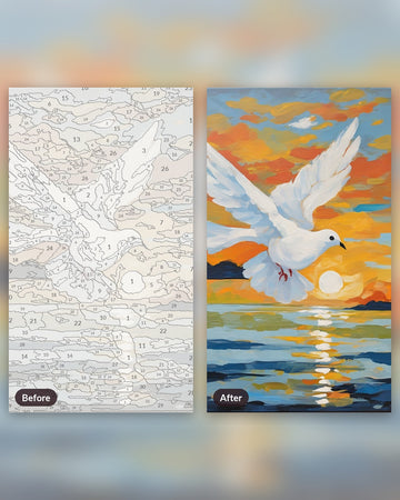 Dove of Peace at Dawn paint by numbers kit, before and after