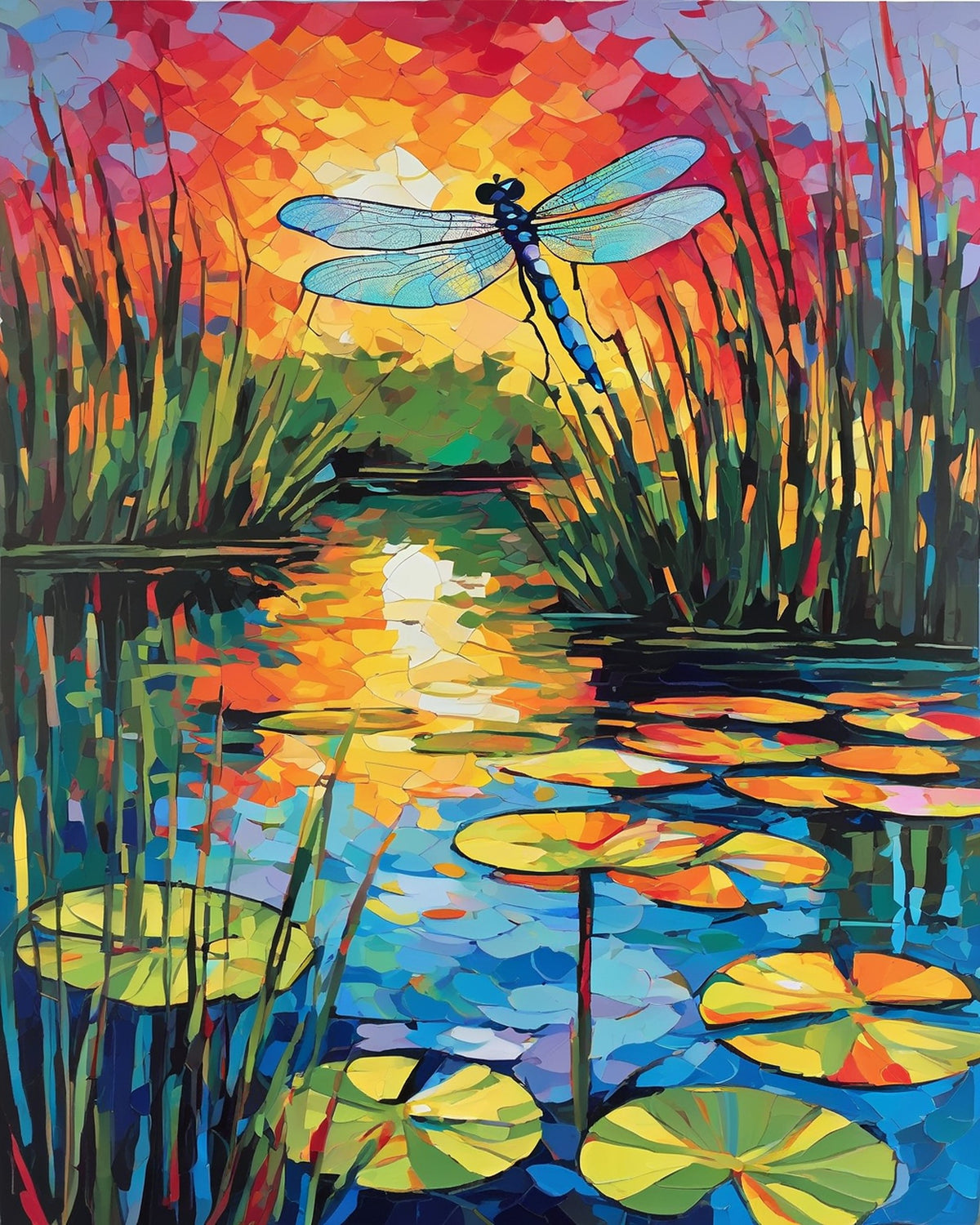 blue dragonfly over a pond with tall reeds, lily pads and an orange sunset reflected in the water, paint by numbers kit