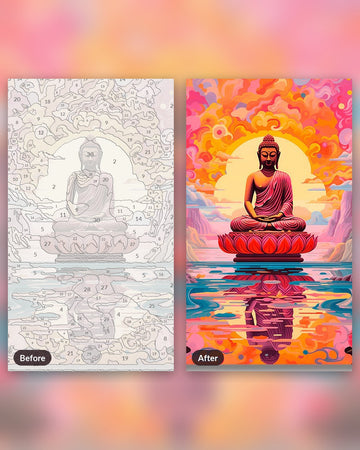 Buddha's Reverie paint by numbers kit, before and after