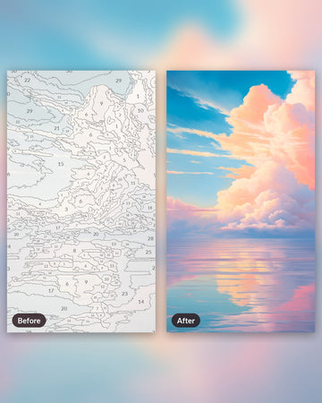 Dreamy Pastel Clouds paint by numbers kit, before and after