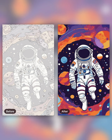Drifting Astronaut paint by numbers kit, before and after