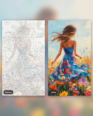Elegant Lady in Sunlit Bliss paint by numbers kit, before and after