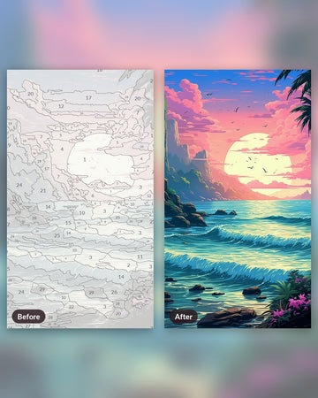 Embrace on the Sea paint by numbers kit, before and after