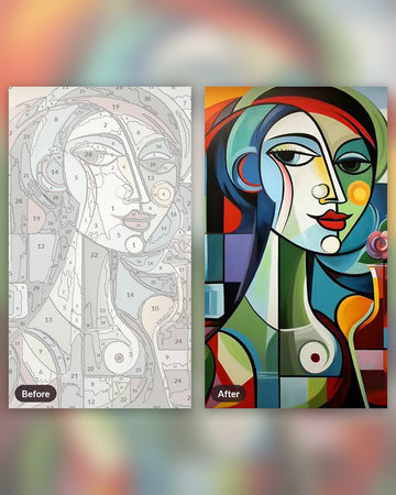 Ethereal Femininity paint by numbers kit, before and after