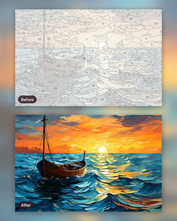 Evening Sail paint by numbers kit, before and after